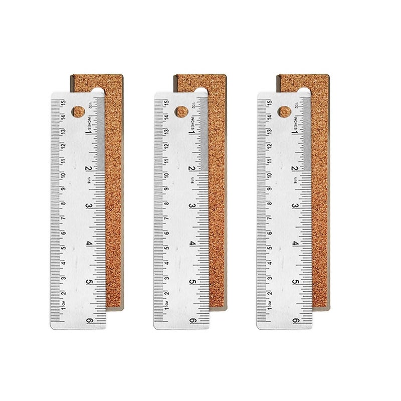 ZTEOFO 6-Inch Stainless Steel Metal Ruler with Non-Slip Cork Backing - 3 Pack - Image 1